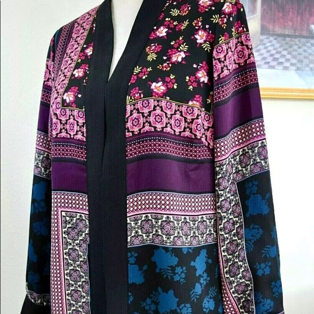 Chico’s Bohemian Patchwork Soft Long Sleeve Jacket Black Teal Multi Sz 0…
